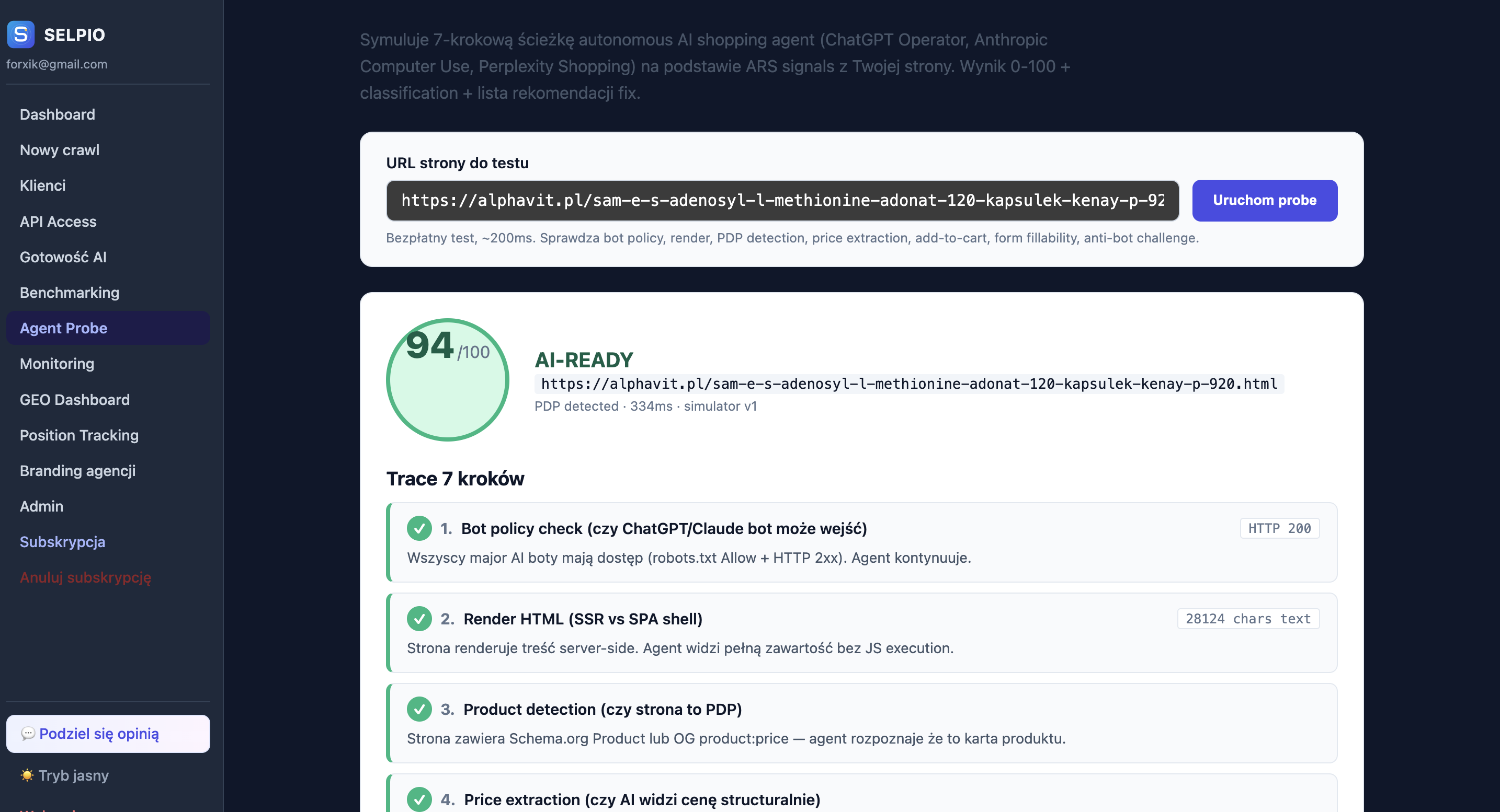 Panel Agent Probe w app.selpio.com: lewa kolumna z menu (Dashboard, Klienci, Gotowość AI, Benchmarking, Agent Probe aktywny, Monitoring, GEO Dashboard, Position Tracking), prawa kolumna z formularzem 'URL strony do testu' + przycisk 'Uruchom probe' oraz wynikiem analizy: score 94/100 AI-READY (zielony), PDP detected, 334ms, simulator v1; lista 'Trace 7 kroków': 1. Bot policy check ✓ HTTP 200, 2. Render HTML ✓ 28124 chars text, 3. Product detection ✓, 4. Price extraction (kolejne kroki niżej)