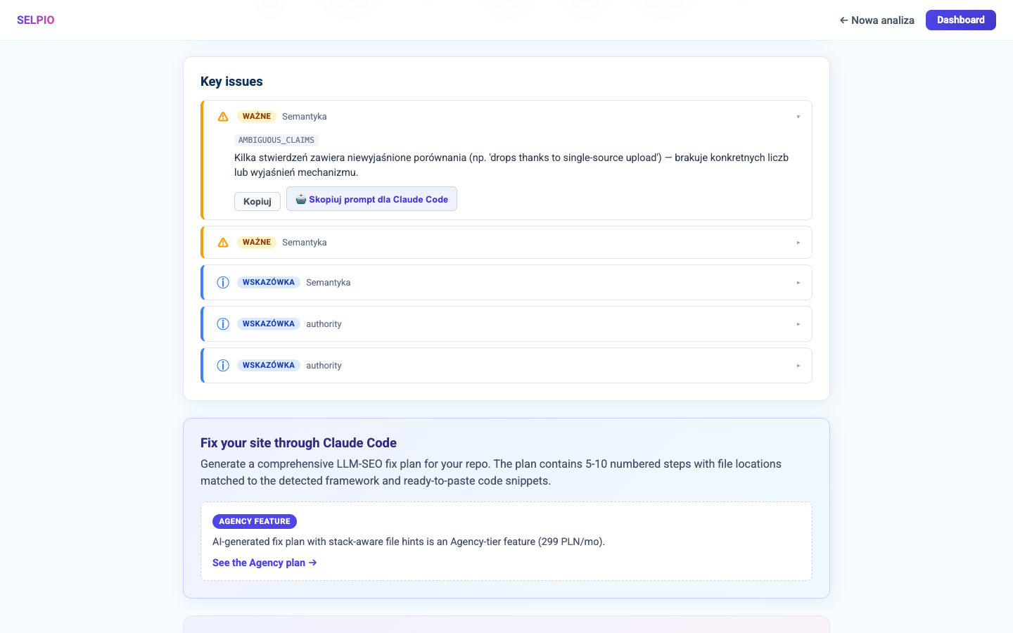 Raport Selpio z sekcją Key issues — pierwszy problem rozwinięty pokazuje button '🤖 Skopiuj prompt dla Claude Code' obok klasycznego 'Kopiuj'. Niżej widoczna sekcja 'Fix your site through Claude Code' z Agency feature badge.