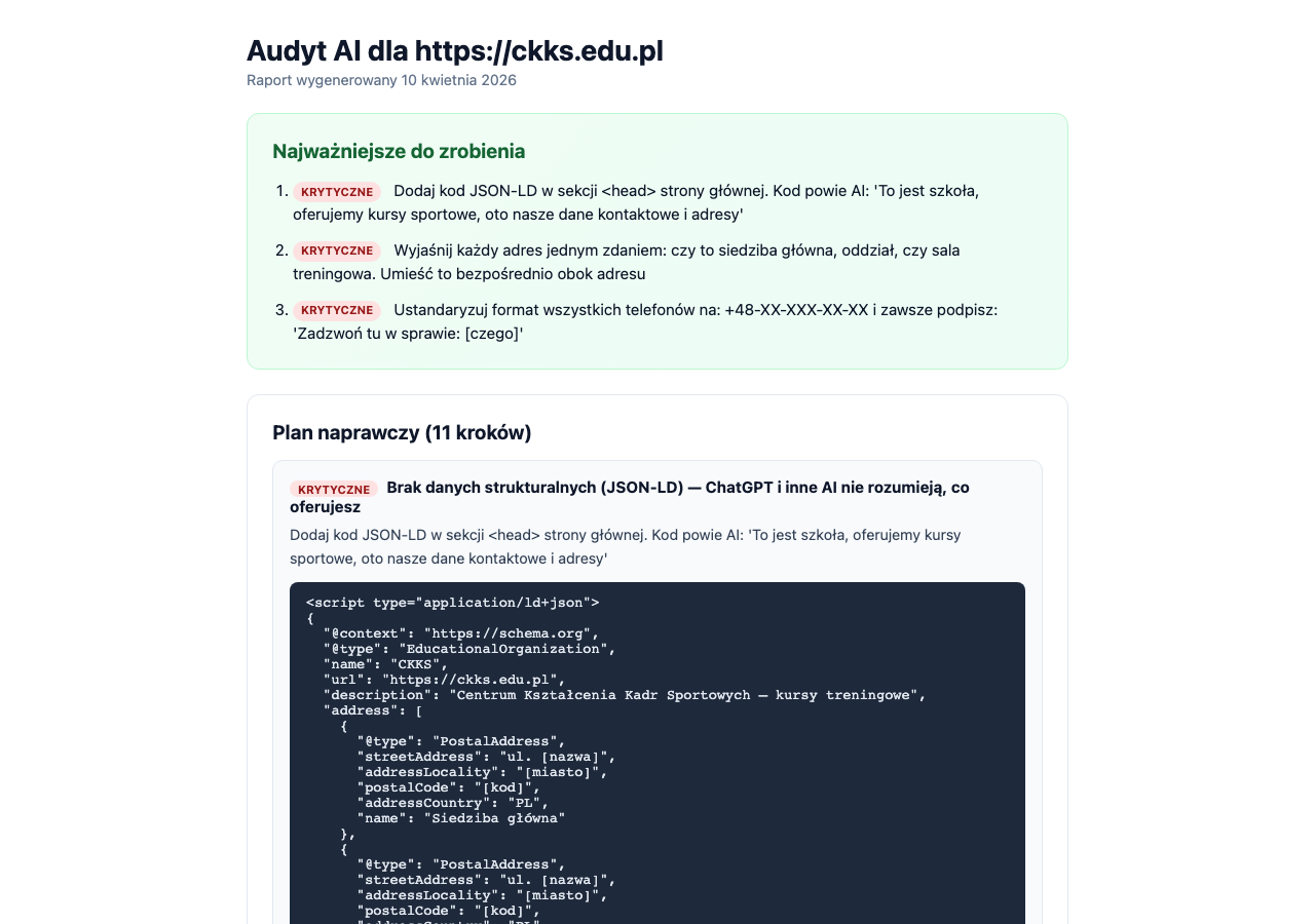 Screenshot raportu AI z planem naprawczym: executive summary, priorytety krytyczne/ważne/wskazówki, przykłady kodu JSON-LD